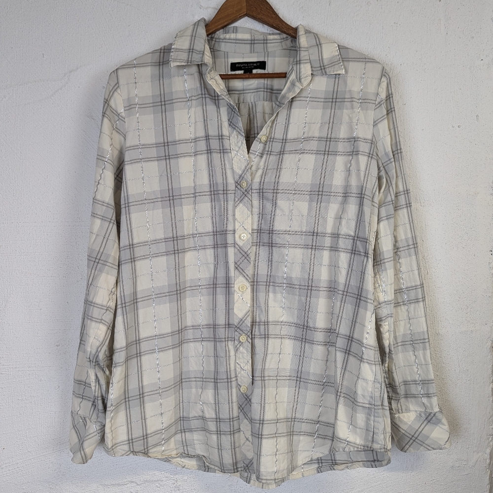 Banana Republic Dillon Shirt Button Up White Silver Plaid Holiday Womens Medium